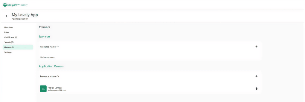 Zuweisung eines Business Sponsors zu einer Anwendung in EasyLife 365 Identity.