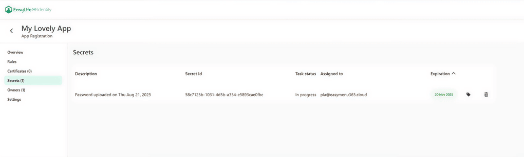 EasyLife 365 Identity-Screenshot zeigt ein aktives App-Secret für sichere Anmeldeinformationsverwaltung.