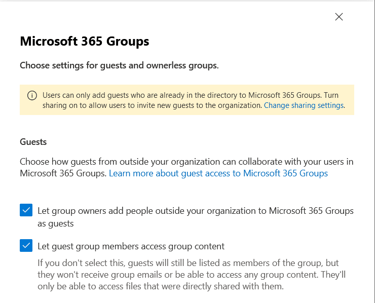 Microsoft 365-Gruppen Gasteinstellungen