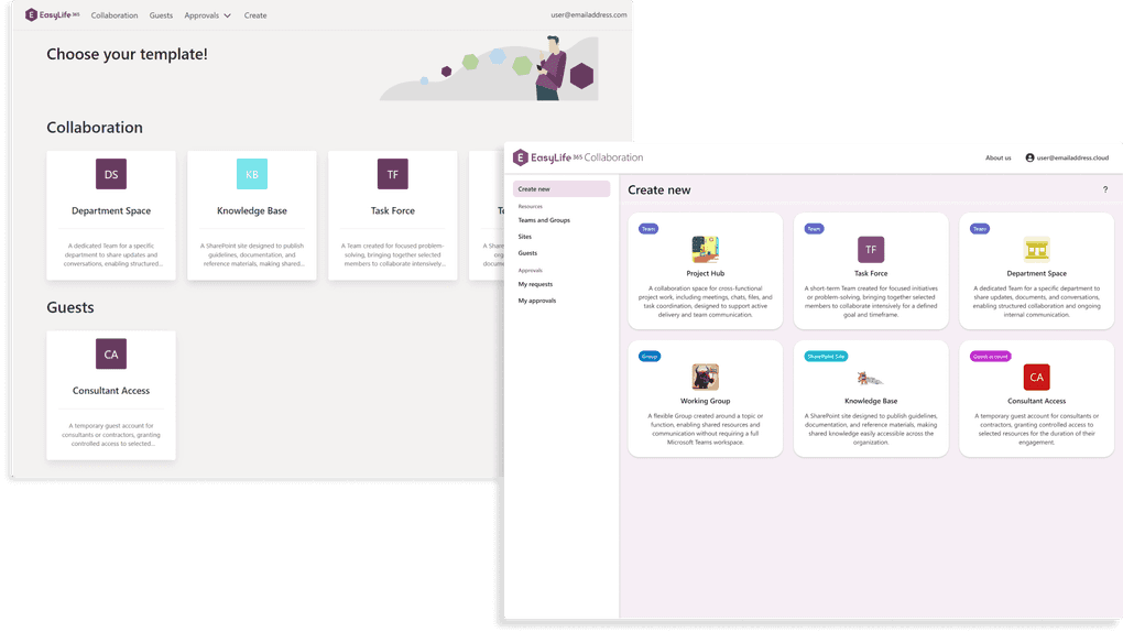 Preview of the design changes on the interface of EasyLife 365 Collaboration: before (on the left side) and after the design changes (on the right).